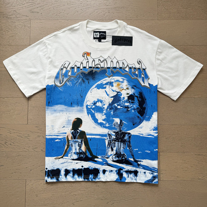 1:1 quality version Robot Enjoy Snowy Scenery Gradient Letter Print Washed Version Tee