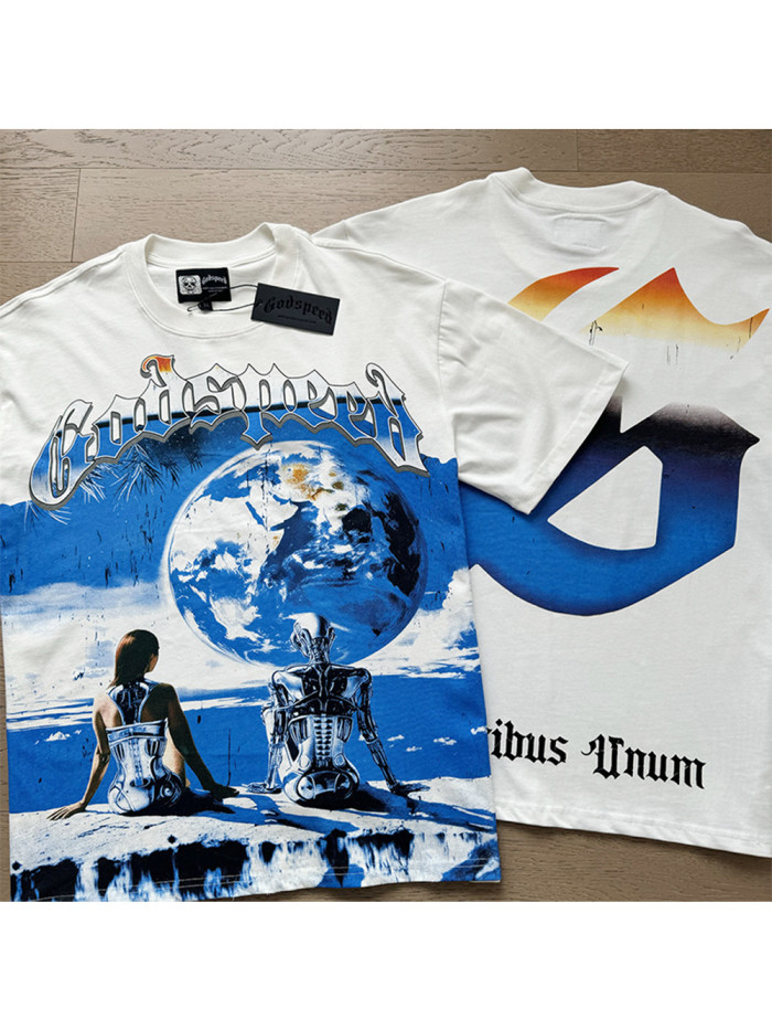 1:1 quality version Robot Enjoy Snowy Scenery Gradient Letter Print Washed Version Tee