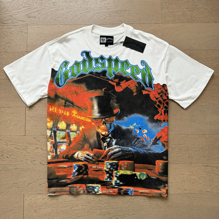 1:1 quality version Gambler Skull Print Washed Version Tee