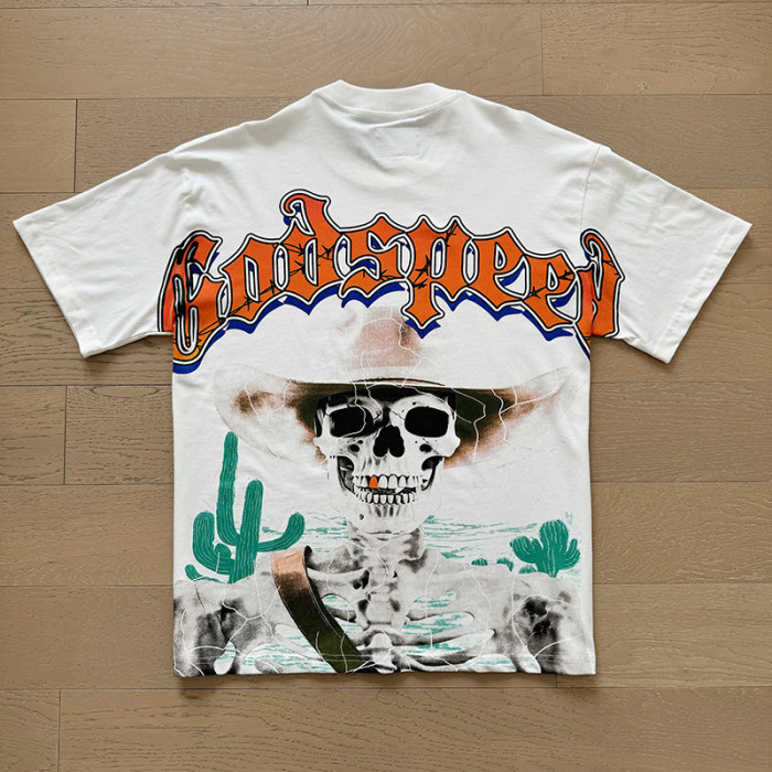 1:1 quality version Chest Double Logo Back Cactus Desert Skull Print Washed Version Tee