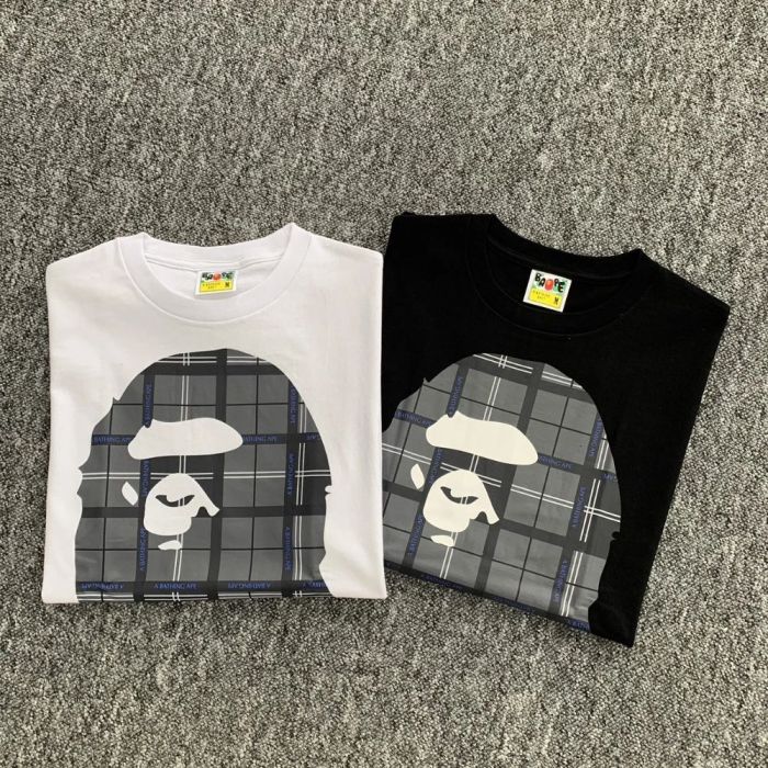 Front and back gray plaid large ape head Tee 2 colors