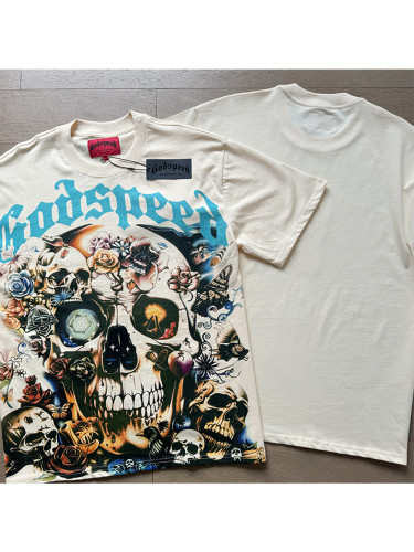 1:1 quality version Skull Rose Butterfly Blue Letter Printed Washed Version Tee