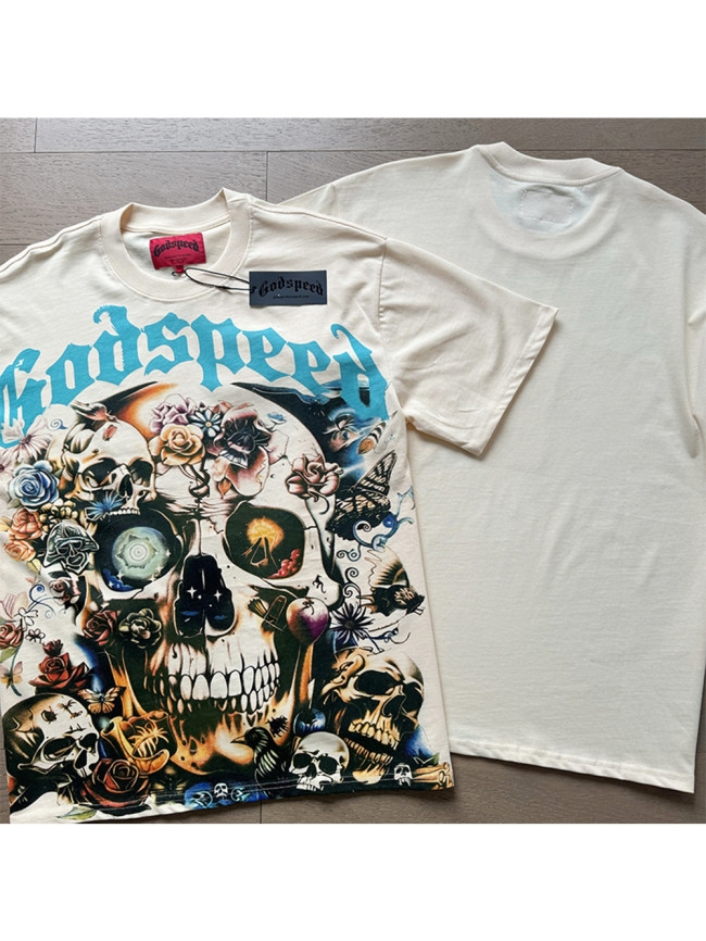 1:1 quality version Skull Rose Butterfly Blue Letter Printed Washed Version Tee