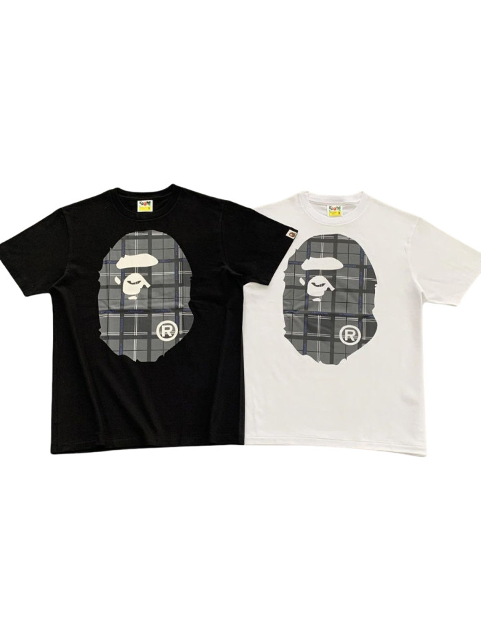 Front and back gray plaid large ape head Tee 2 colors