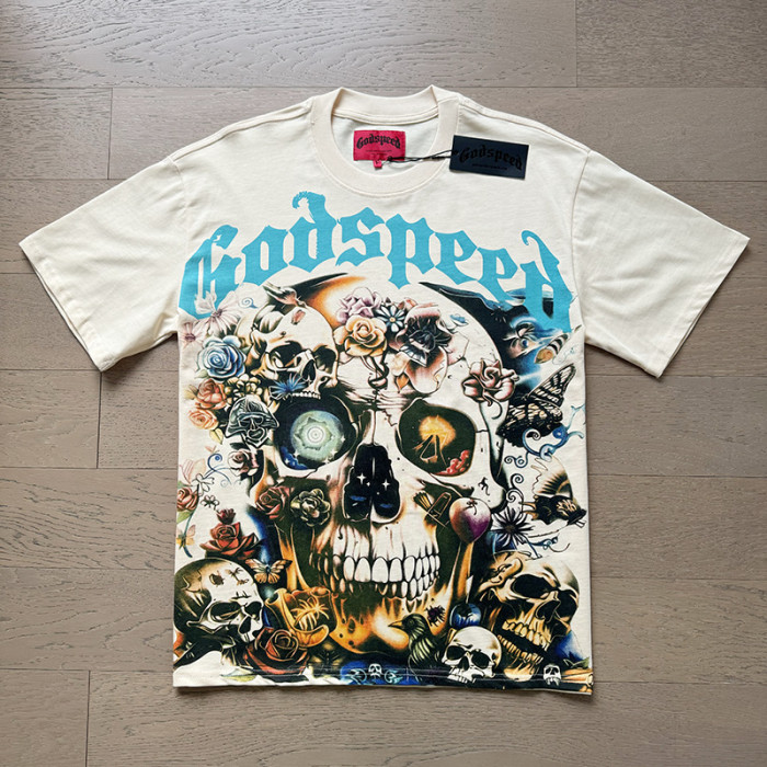 1:1 quality version Skull Rose Butterfly Blue Letter Printed Washed Version Tee
