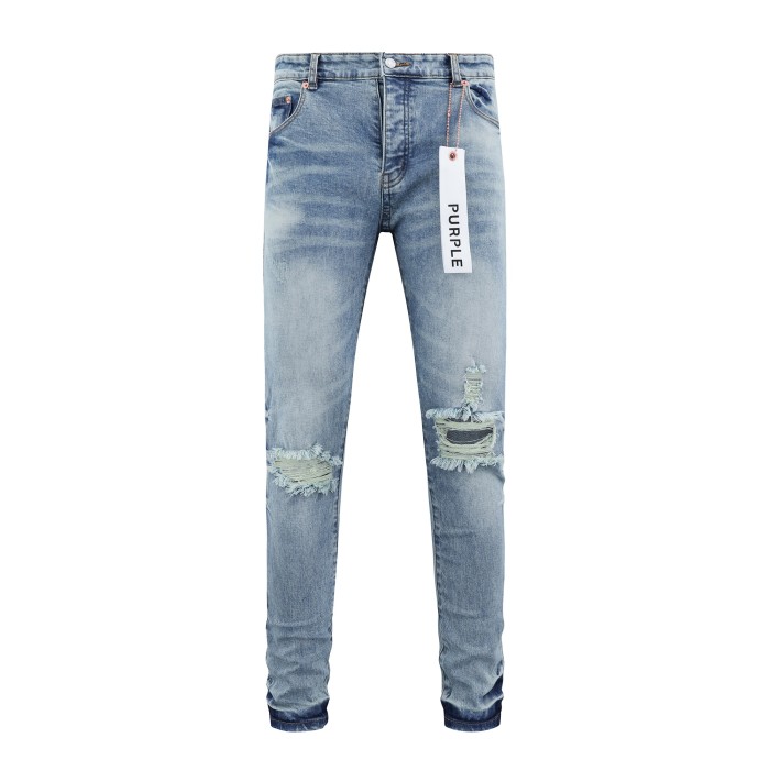Double knee fringe ripped light blue jeans