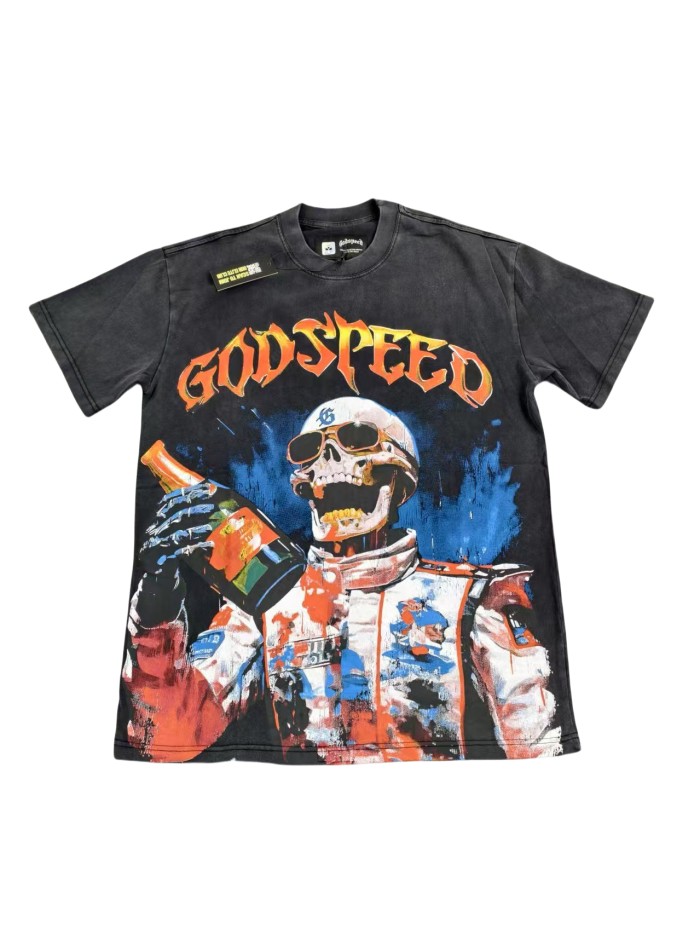1:1 quality version Skull Racer With Bottle Printed Washed Version Tee 2 colors