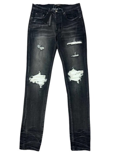 1:1 quality version White Leather Patchwork Ripped Jeans