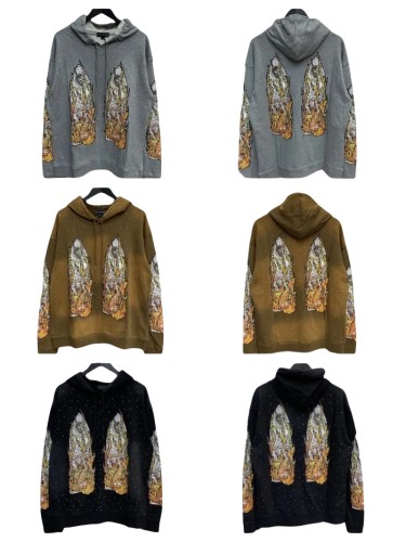 1:1 quality version Double-sided rhinestone flame letter logo washed version hoodie