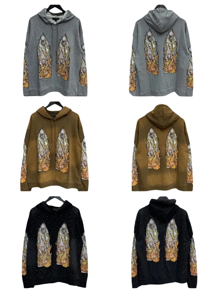 1:1 quality version Double-sided rhinestone flame letter logo washed version hoodie