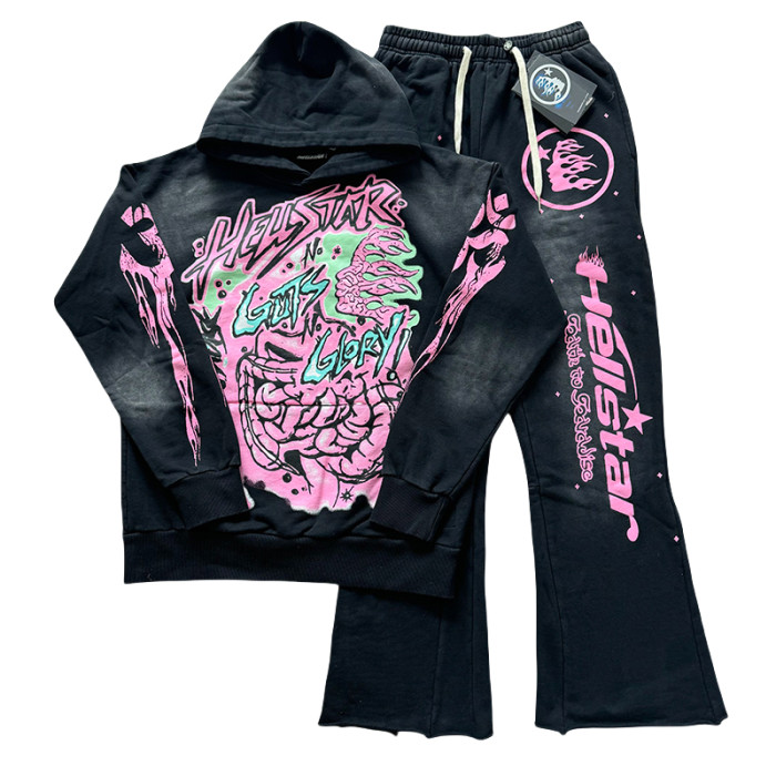 Gut Print Pollen Alphabet Washed Black hoodie & pants set