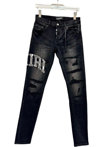 1:1 quality version Two-tone mottled embroidered logo frayed jeans