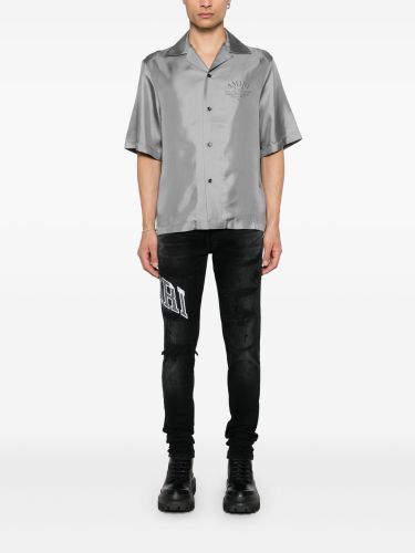 1:1 quality version Two-tone mottled embroidered logo frayed jeans