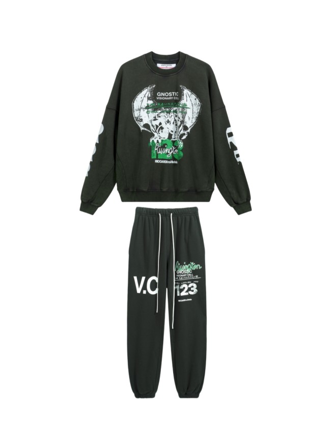 1:1 quality version Aged Bat Letter Print Crew Neck Sweatshirt & Pants Set