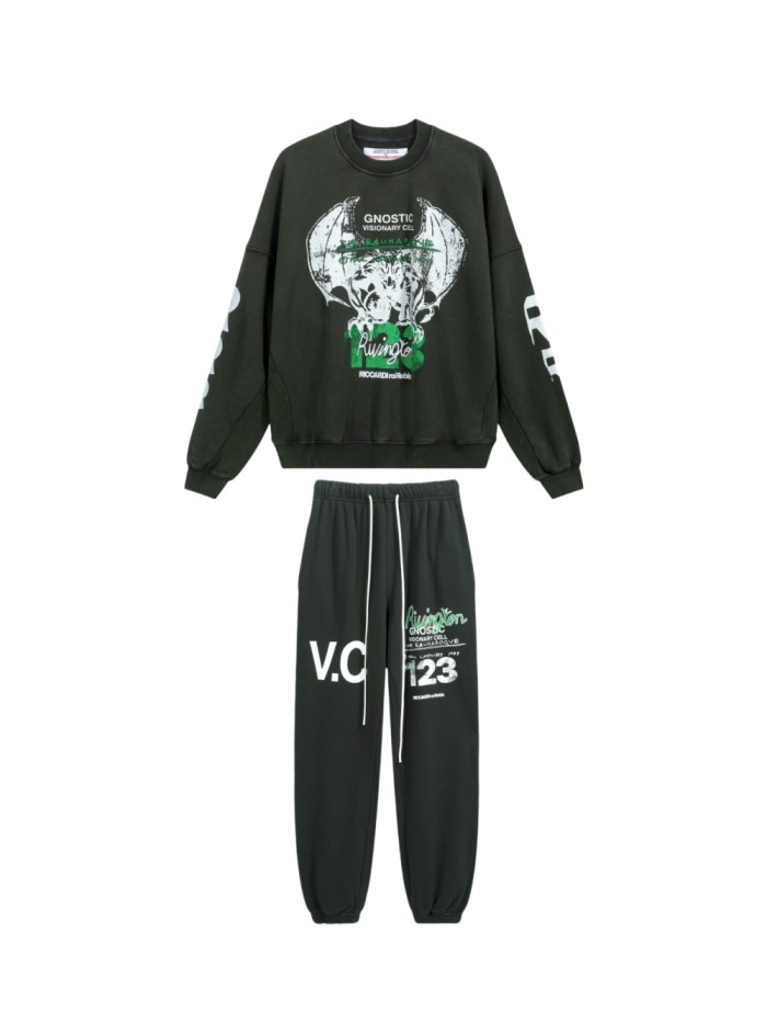 1:1 quality version Aged Bat Letter Print Crew Neck Sweatshirt & Pants Set