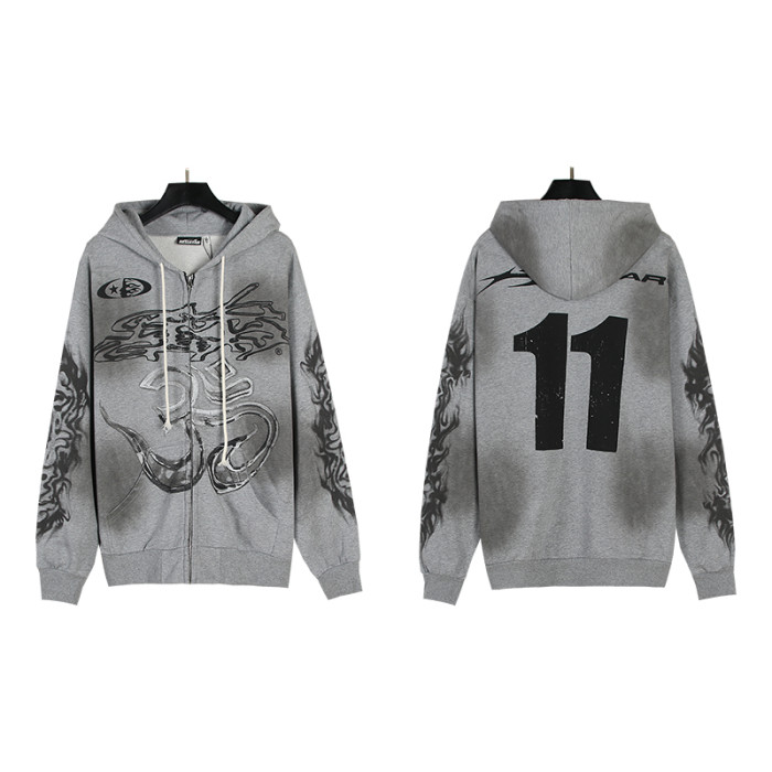 Graffiti Flame Washed and Aged Zipper Hoodie