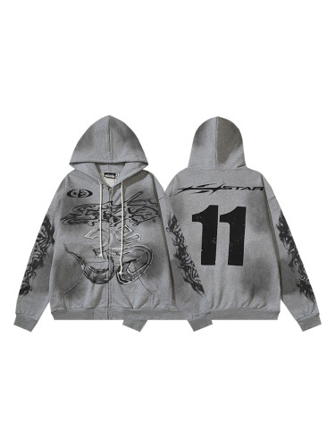 Graffiti Flame Washed and Aged Zipper Hoodie