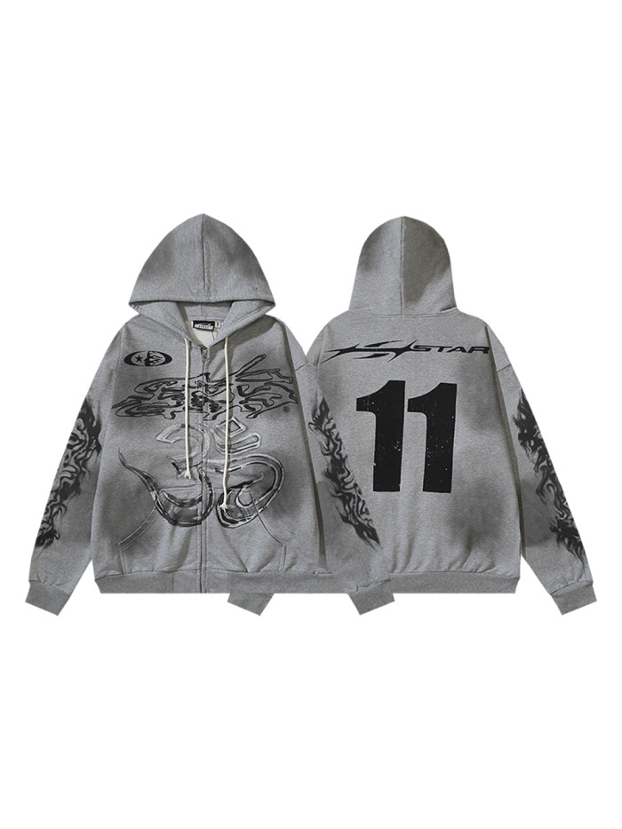 Graffiti Flame Washed and Aged Zipper Hoodie