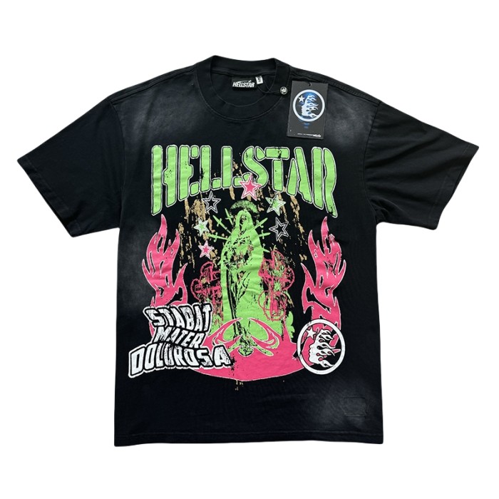 Pink Flame Green Lettered Mottled Printed Washed Version Tee
