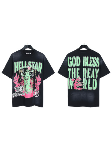Pink Flame Green Lettered Mottled Printed Washed Version Tee