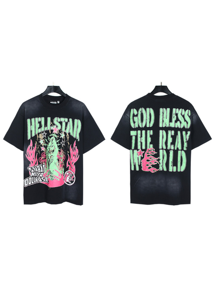 Pink Flame Green Lettered Mottled Printed Washed Version Tee