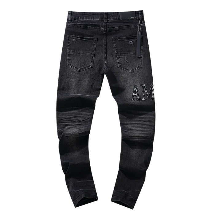 Rhinestone letter logo ripped jeans