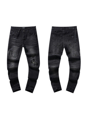 Rhinestone letter logo ripped jeans