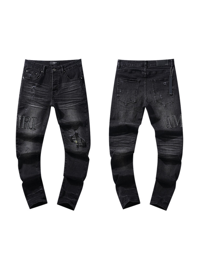 Rhinestone letter logo ripped jeans