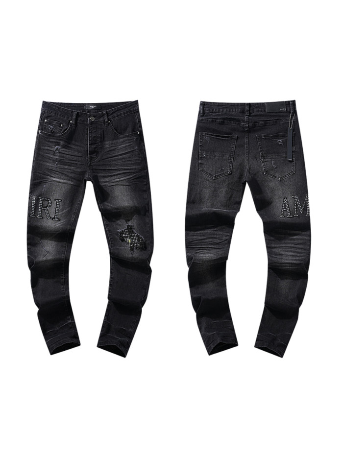 Rhinestone letter logo ripped jeans