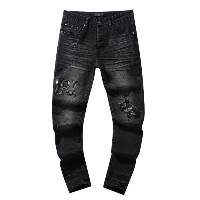 Rhinestone letter logo ripped jeans