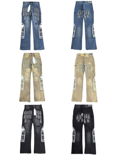 1:1 quality version Heavy duty embroidered logo frayed patchwork jeans 3 colors