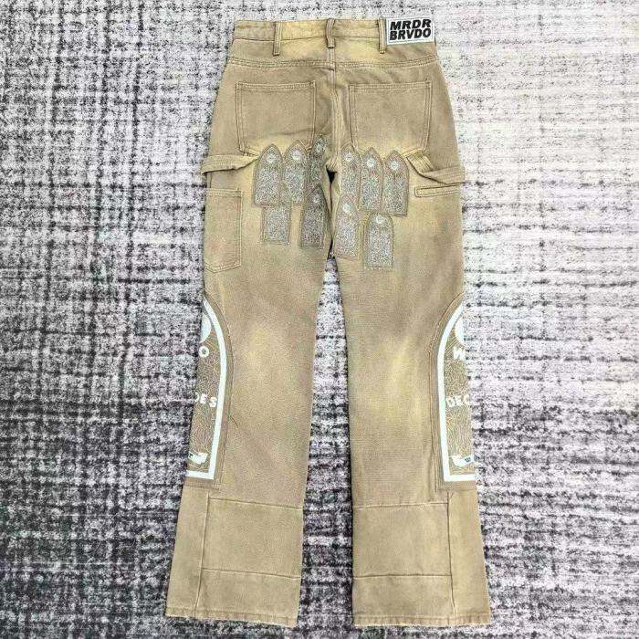 1:1 quality version Heavy duty embroidered logo frayed patchwork jeans 3 colors