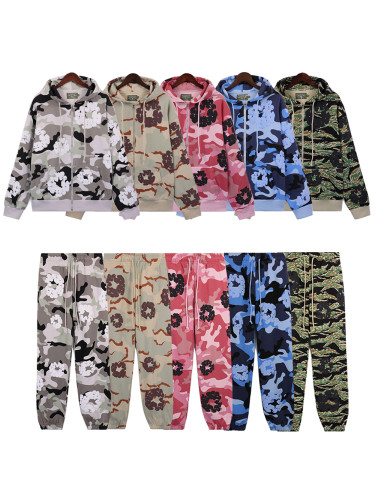Zipper Style Camouflage Cotton Wreath Hoodie & Pants set 5 colors