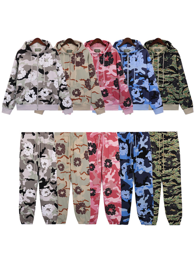 Zipper Style Camouflage Cotton Wreath Hoodie & Pants set 5 colors
