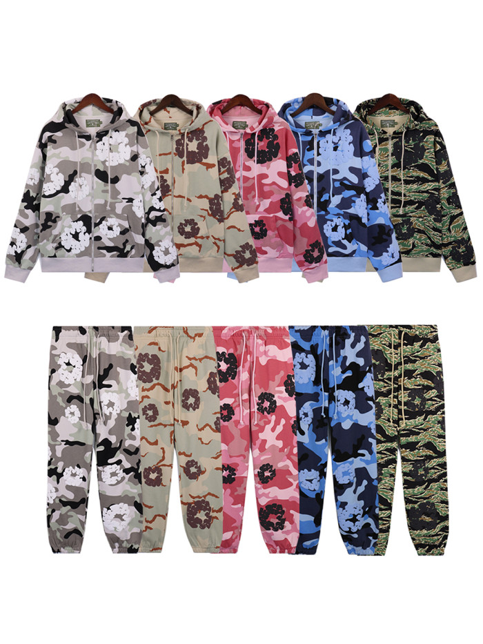 Zipper Style Camouflage Cotton Wreath Hoodie & Pants set 5 colors