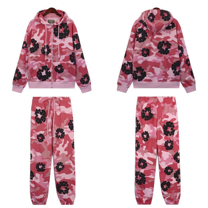 Zipper Style Camouflage Cotton Wreath Hoodie & Pants set 5 colors