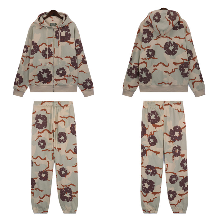Zipper Style Camouflage Cotton Wreath Hoodie & Pants set 5 colors