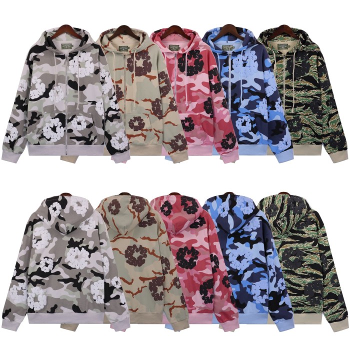 Zipper Style Camouflage Cotton Wreath Hoodie & Pants set 5 colors
