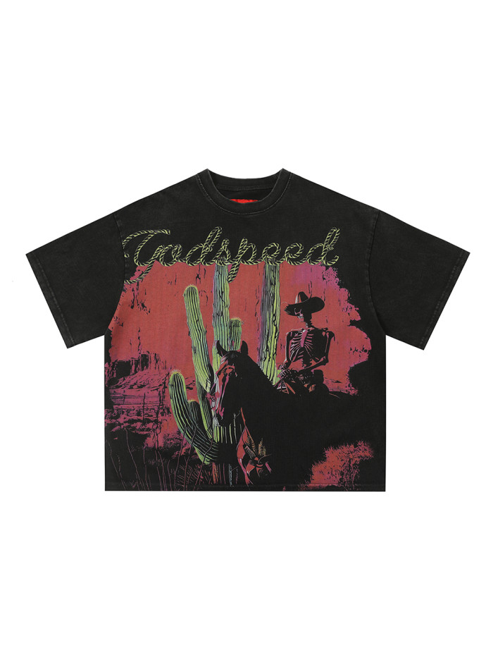 [Buy Two Get One Free]Western Skull Cowboy Cactus Logo Print Tee