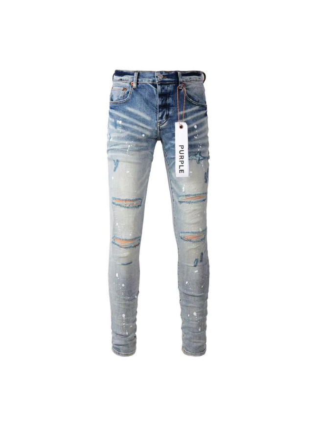   1:1 quality version Light-colored white ground knee holes splash-ink jeans