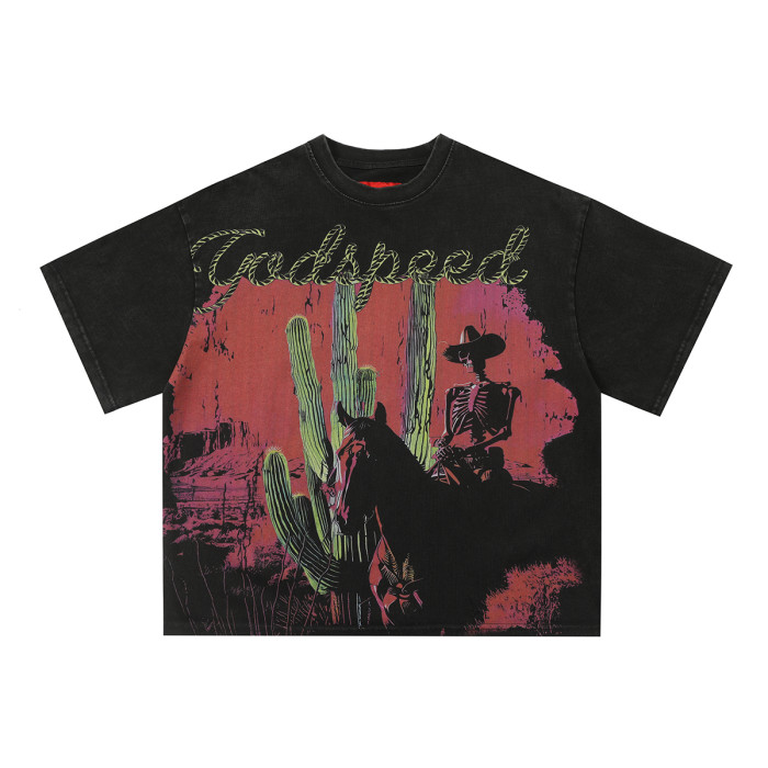 [Buy Two Get One Free]Western Skull Cowboy Cactus Logo Print Tee