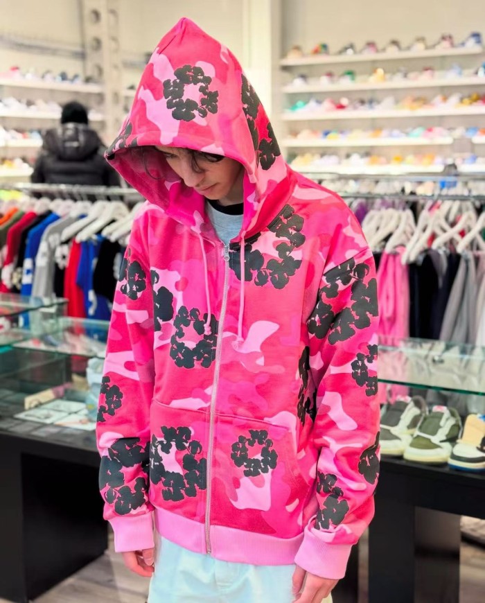Zipper Style Camouflage Cotton Wreath Hoodie & Pants set 5 colors