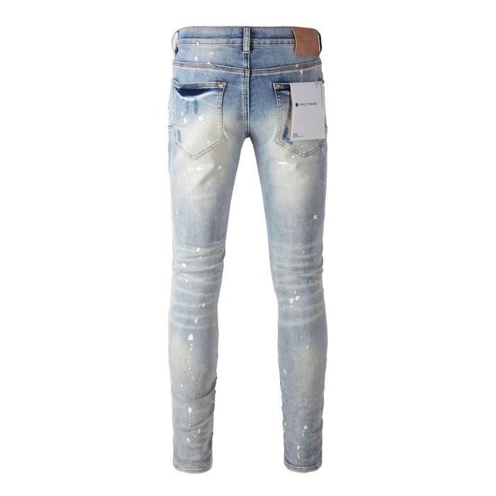   1:1 quality version Light-colored white ground knee holes splash-ink jeans