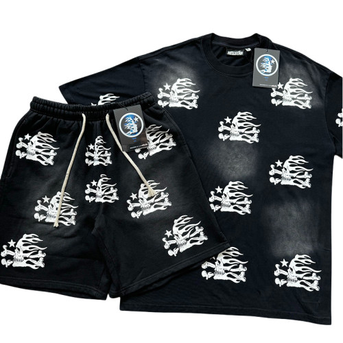 Full Print Skull Washed Black Tee & Shorts Set