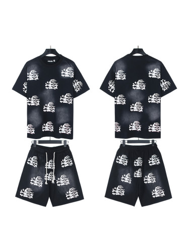 Full Print Skull Washed Black Tee & Shorts Set