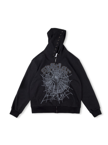 Black Alphabet Beaded Print Zipper Hoodie