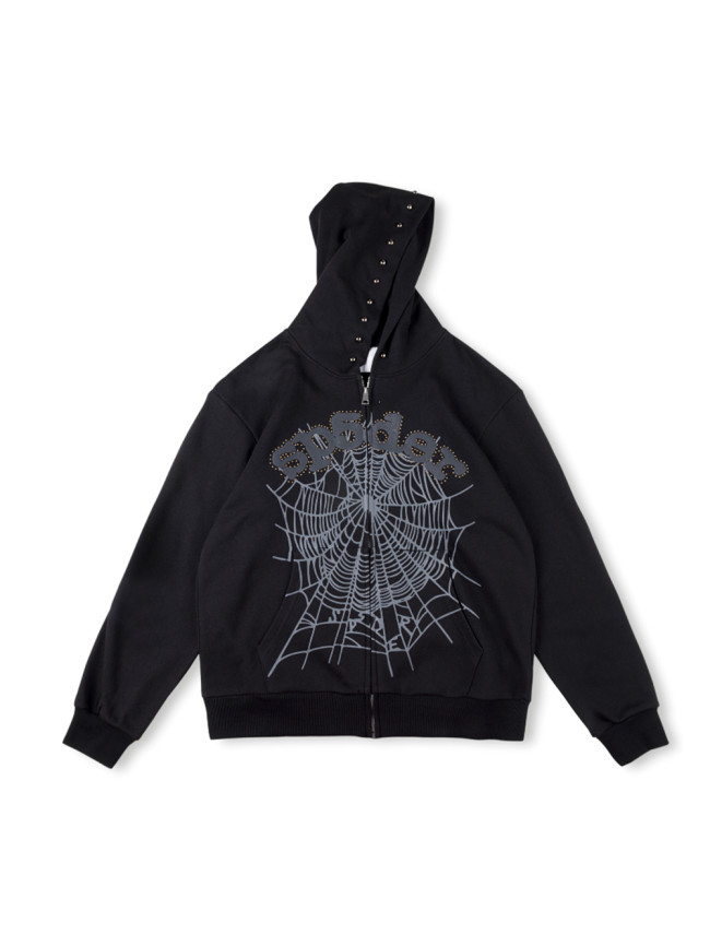 Black Alphabet Beaded Print Zipper Hoodie