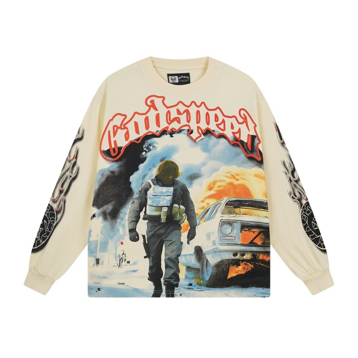 27954184 Burning Car Print Long Sleeve T-Shirt 2 colors