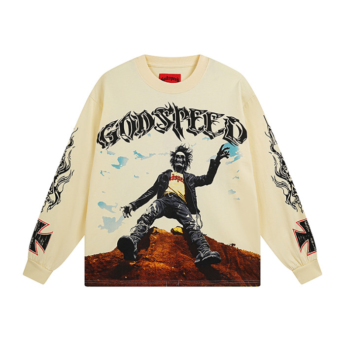 27958352 Colorblocked High Slope Skull Print Washed Version Long Sleeve T-Shirt 2 colors