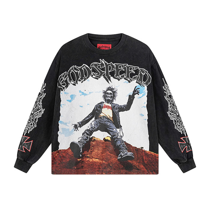 27958352 Colorblocked High Slope Skull Print Washed Version Long Sleeve T-Shirt 2 colors